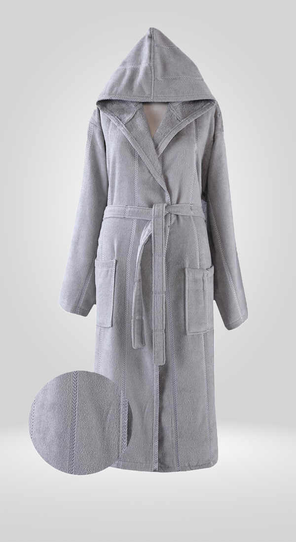 Fleece Hooded Cotton Bath Robe, Unisex Bathrobe with Front Pockets Grey