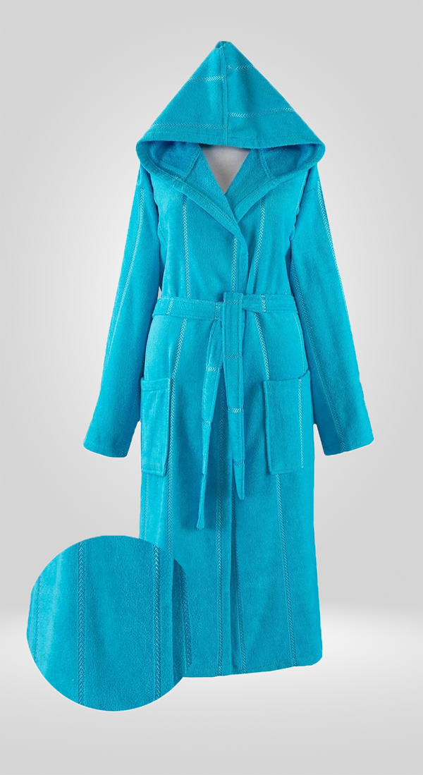 Fleece Hooded Cotton Bath Robe, Unisex Bathrobe with Front Pockets Turquoise
